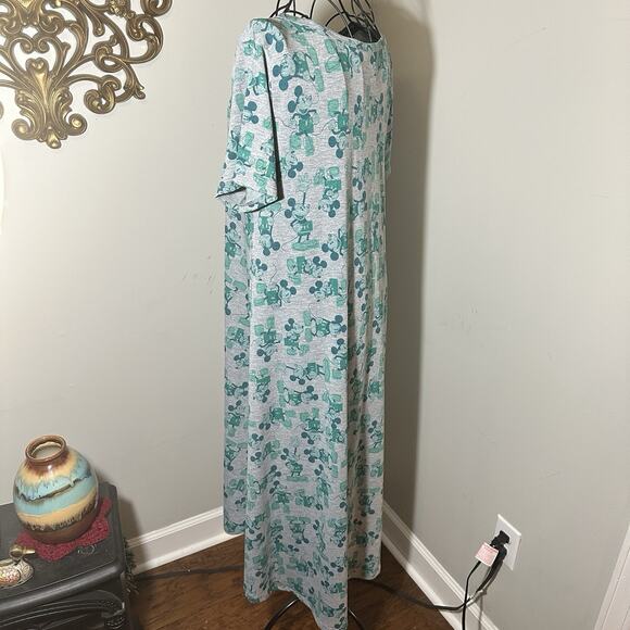 LuLaRoe Disney Carly Dress M Gray Green Mickey Mouse Print Hi-Low Hem - Picture 12 of 14